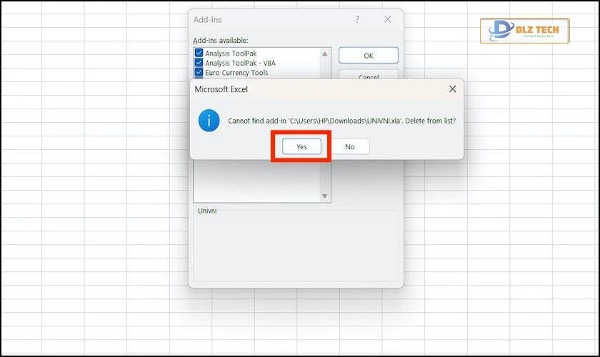 Bỏ tích tại mục Add-ins