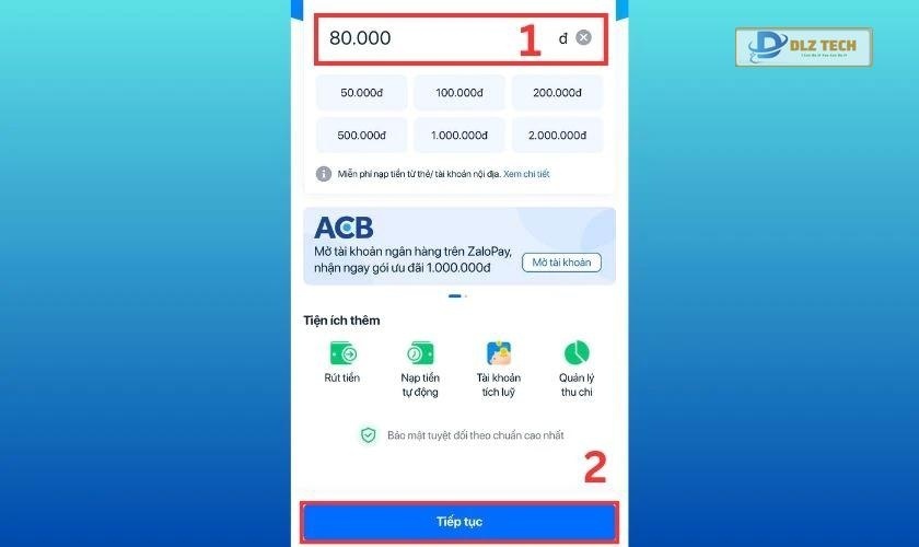 Chọn số tiền rồi bấm Tiếp tục