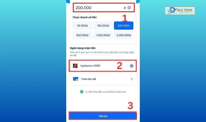Chọn ngân hàng liên kết và bấm Tiếp tục