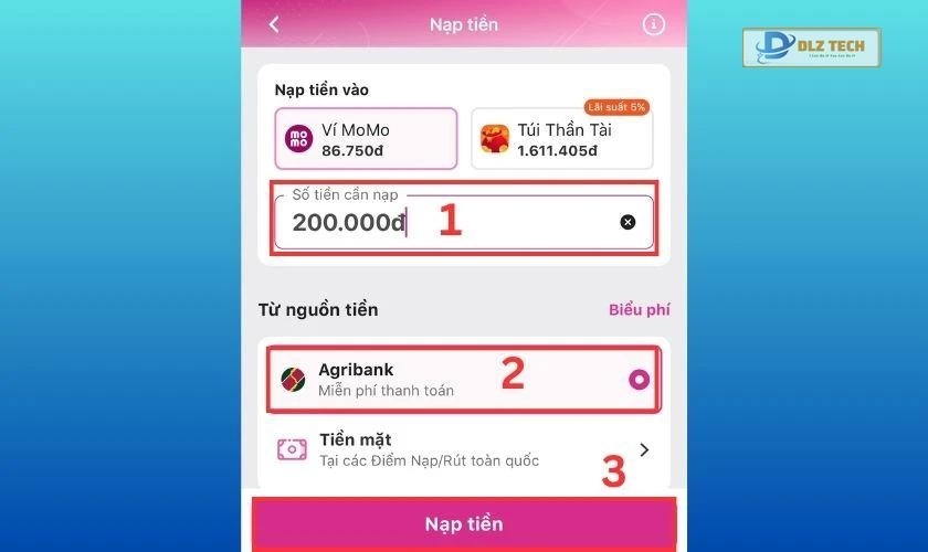 Nhập số tiền, nhấn chọn ngân hàng liên kết và bấm Nạp tiền