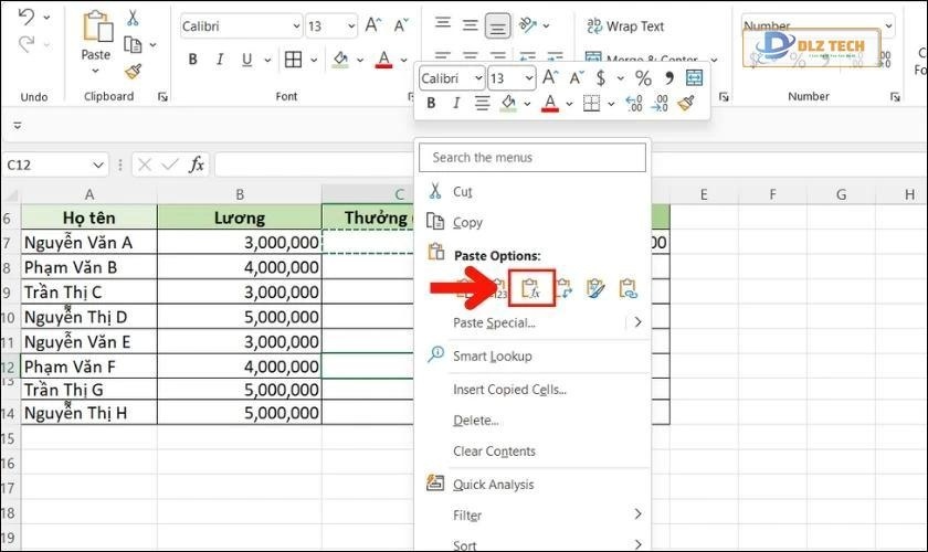 Chọn dán chỉ công thức