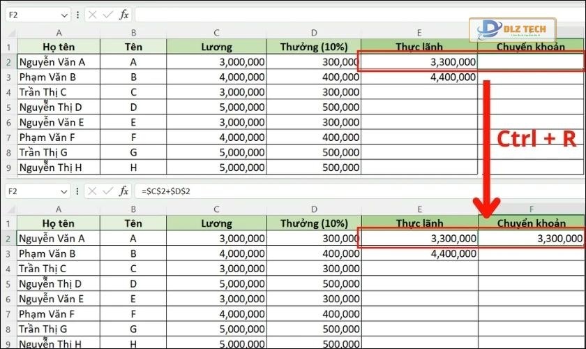 Cách copy công thức đến ô bên phải