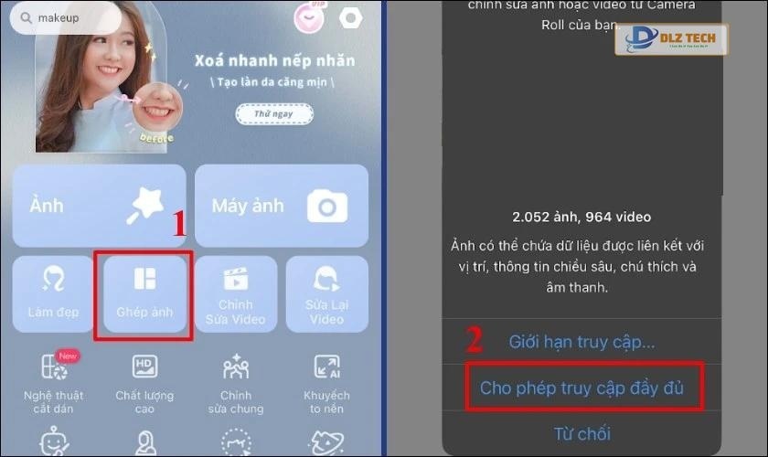 Chọn Ghép ảnh và Cho phép truy cập đầy đủ vào thư viện ảnh