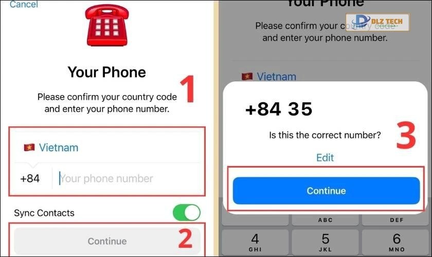 Mở ứng dụng Telegram, chọn quốc gia, nhập số điện thoại và chọn Continue