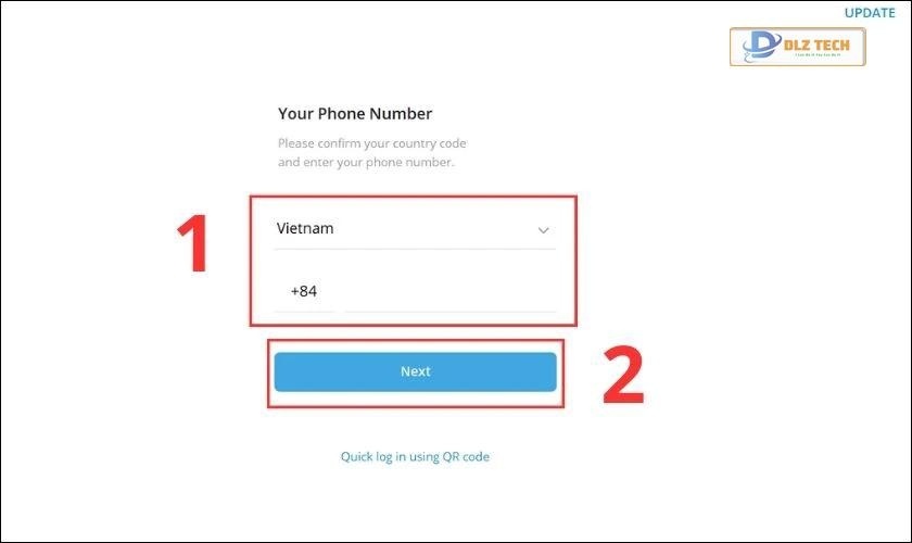 Mở ứng dụng, điền quốc gia, số điện thoại và chọn Next