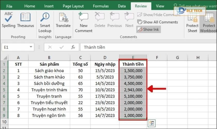 Chọn vùng dữ liệu để tiến hành cách ẩn 1 hoặc nhiều cột không dùng trong excel