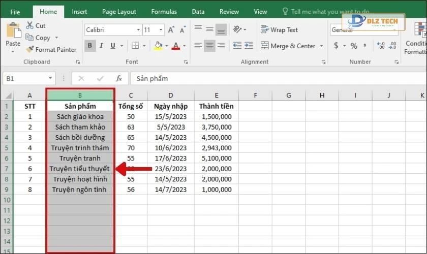 Ẩn cột đã chọn bằng cách nhấn chuột phải