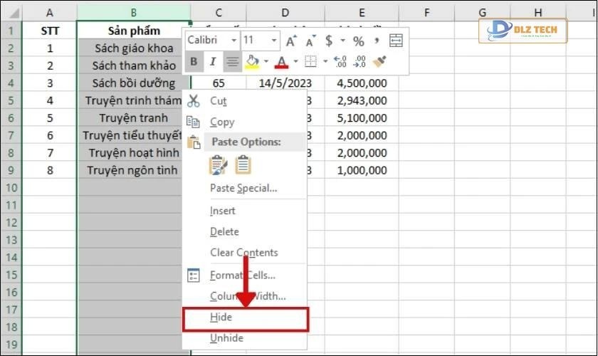 Tiếp đến chọn Hide để ẩn cột