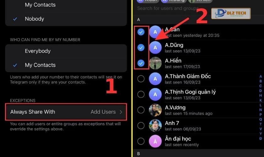 Nhấn chọn Always Share With ở mục EXCEPTIONS