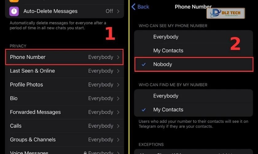 Chọn Nobody ở mục WHO CAN SEE MY PHONE NUMBER