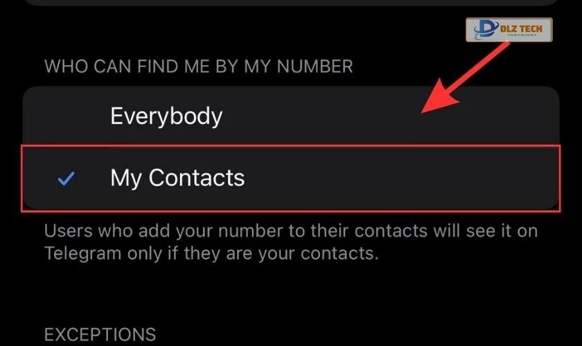 Chọn My Contacts tại mục WHO CAN FIND ME BY MY NUMBER