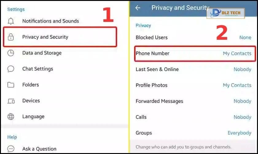 Chọn Privacy and Security, tiếp tục chọn Phone Number