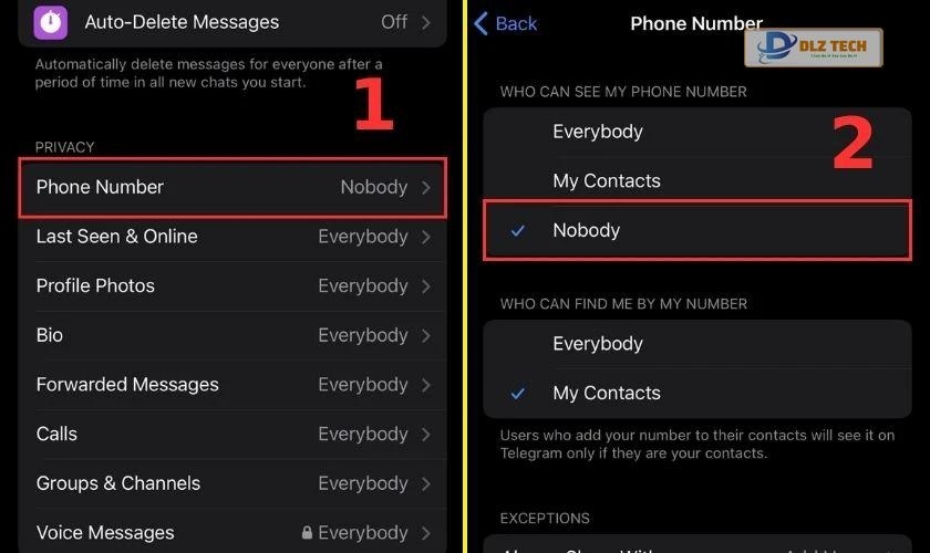 Chọn Nobody ở mục WHO CAN SEE MY PHONE NUMBER