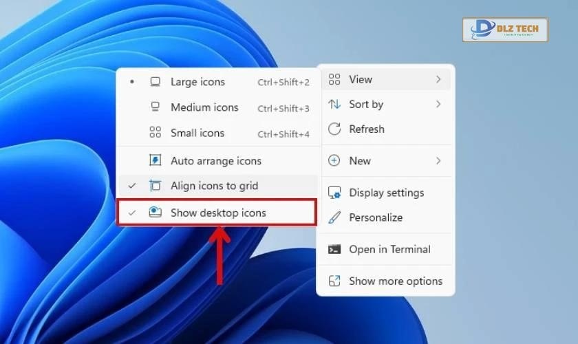 Chọn View và chọn Show desktop icon