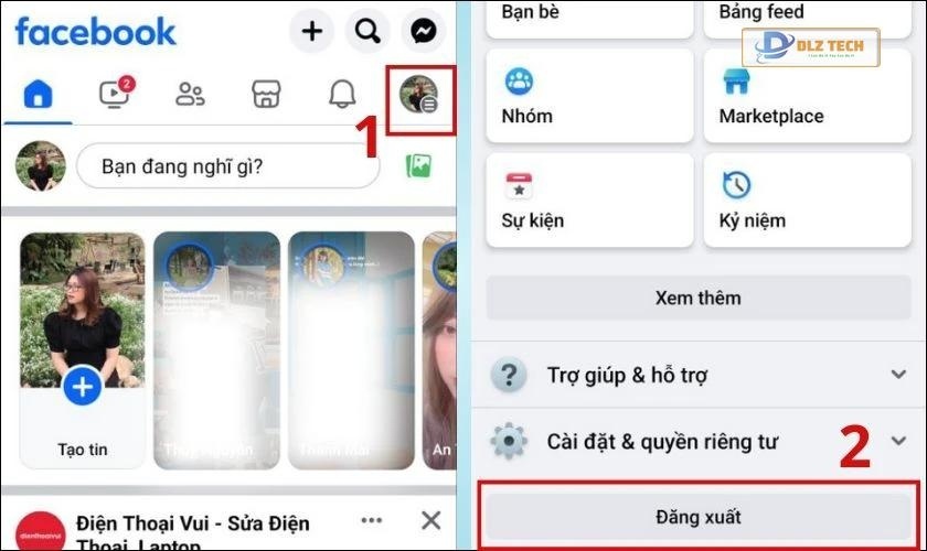 Đăng xuất và đăng nhập lại Facebook