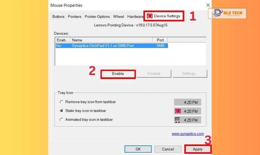 Nhấp chọn Enable trong cửa sổ Mouse Properties để chạy Touchpad