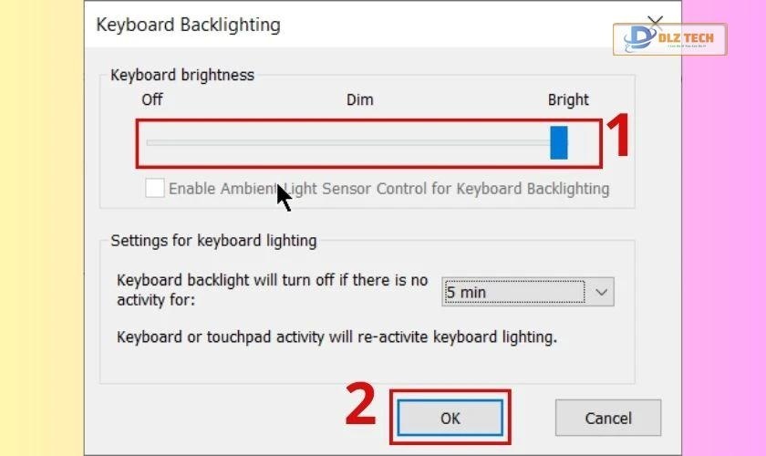 Bấm vào mục Keyboard backlighting và chọn Ok