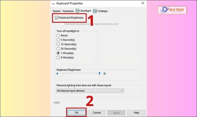 Chọn Keyboard Brightness để mở đèn