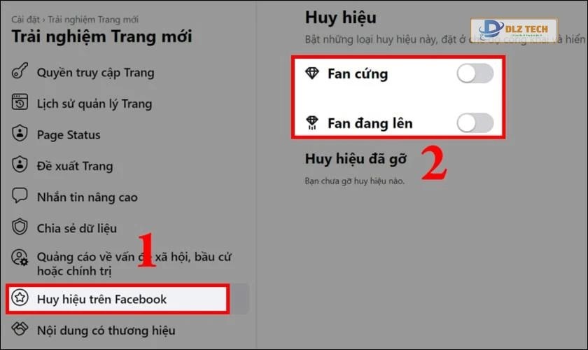 Chọn mục Huy hiệu trên Facebook và gạt bật huy hiệu Fan cứng