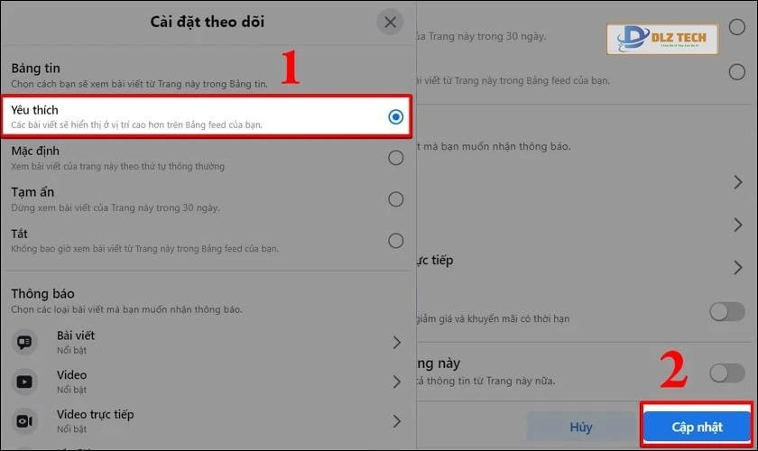 Cài đặt theo dõi thành Yêu thích và chọn Cập nhật