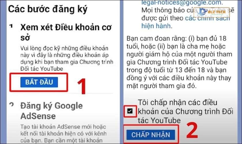 chấp nhận điều khoản bật kiếm tiền youtube trên điện thoại 