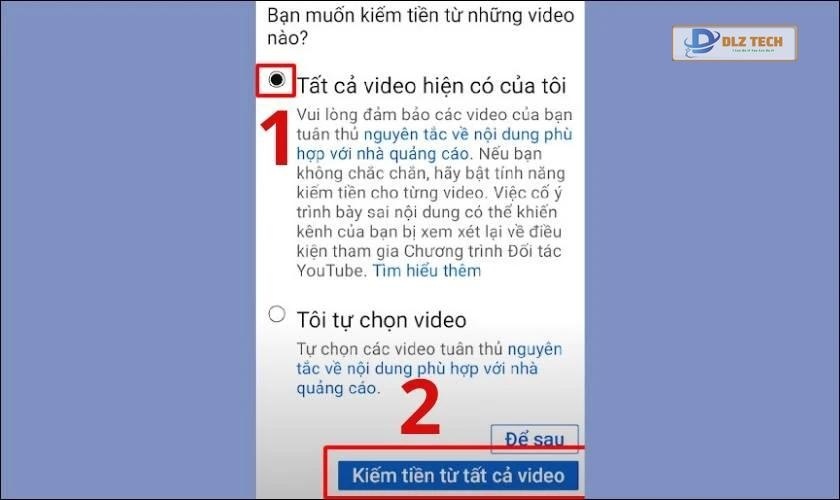 bật kiếm tiền cho video youtube trên điện thoại