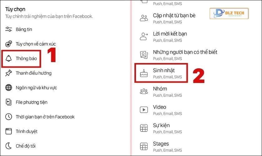 Nhấn vào Thông báo và chọn Sinh nhật