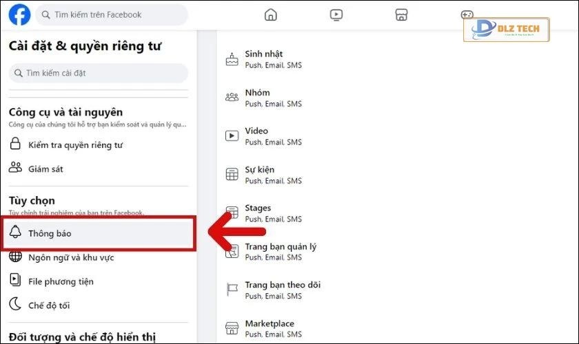 Tìm và chọn Thông báo
