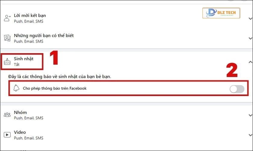 Click chọn Sinh nhật và nhấn tắt