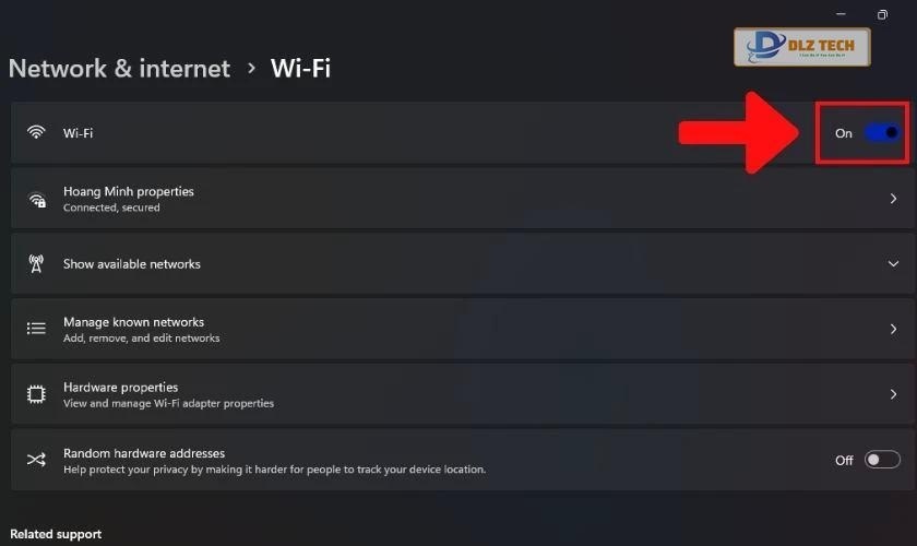Bật cần gạt chuyển sang chế độ On để kết nối WiFi