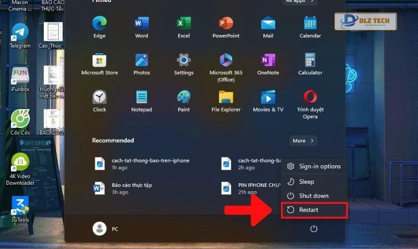 Nhấn vào mục Restart để khởi động lại laptop