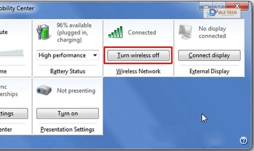 Nhấn Turn wireless off để thực hiện cách kết nối WiFi trên laptop Win 7
