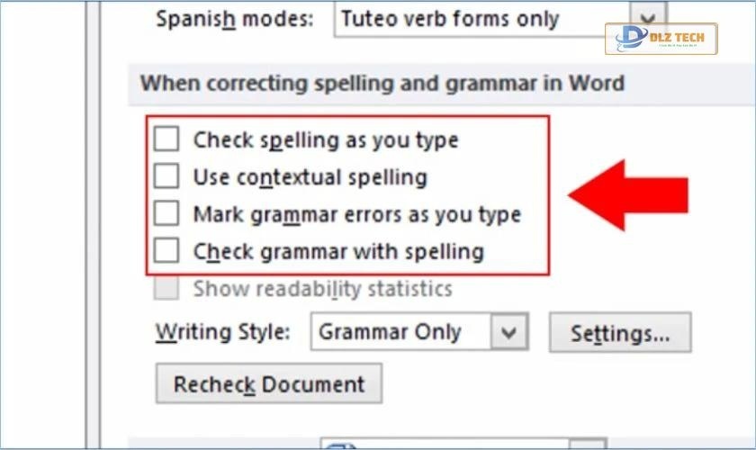 chọn proofing và bỏ chọn kiểm tra chính tả