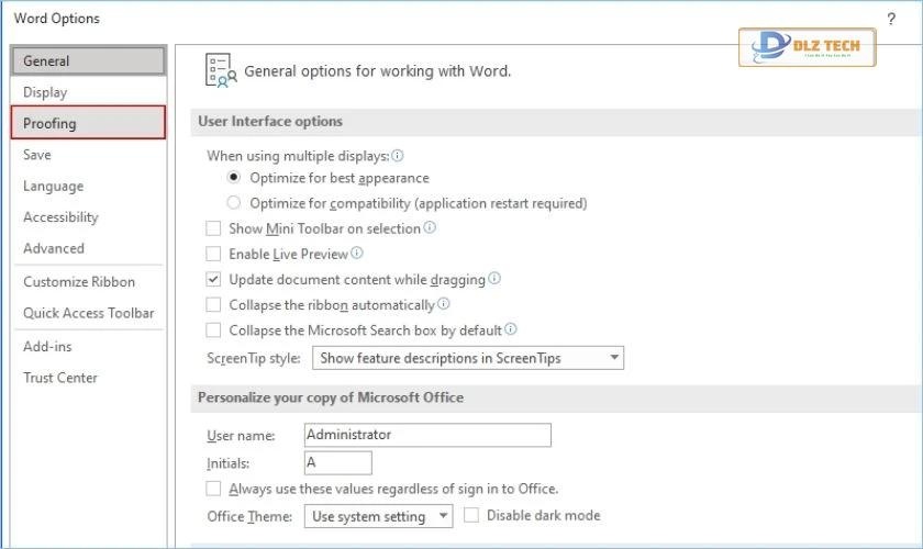 chọn mục proofing