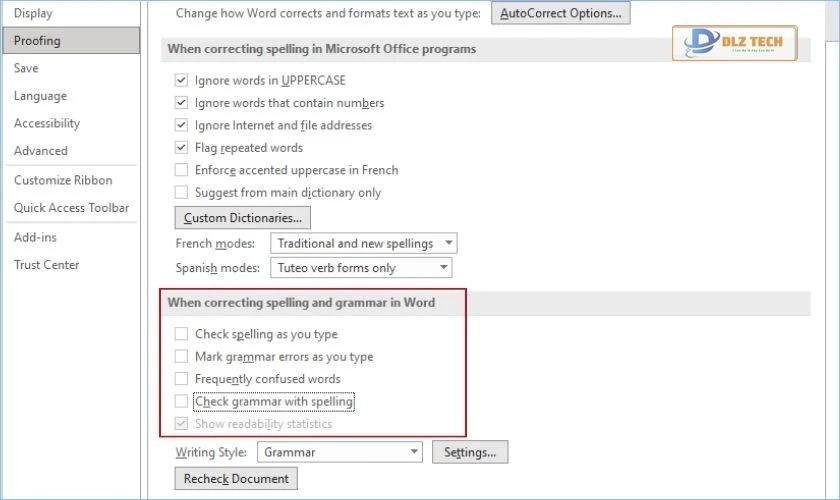 tick bỏ chọn các phần kiểm tra chính tả trong word
