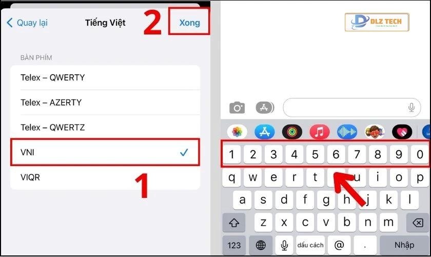 Chọn kiểu bàn phím VNI để cài đặt số có sẵn trên iPhone