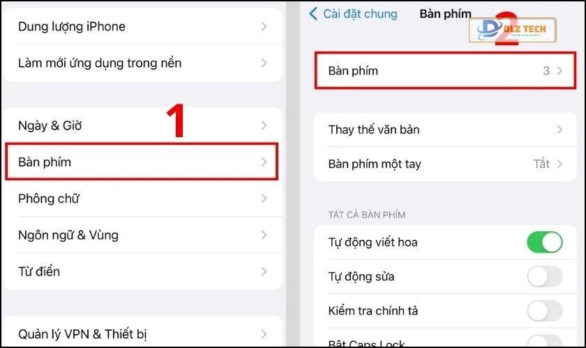 Chọn tiếp phần cài đặt Bàn phím
