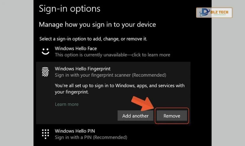 Chọn Remove để xóa vân tay 