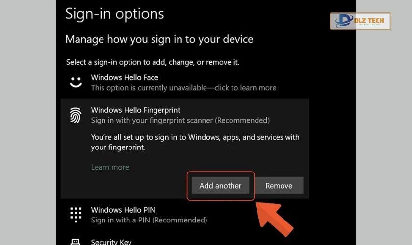 Tiến hành set up vân tay thứ hai 