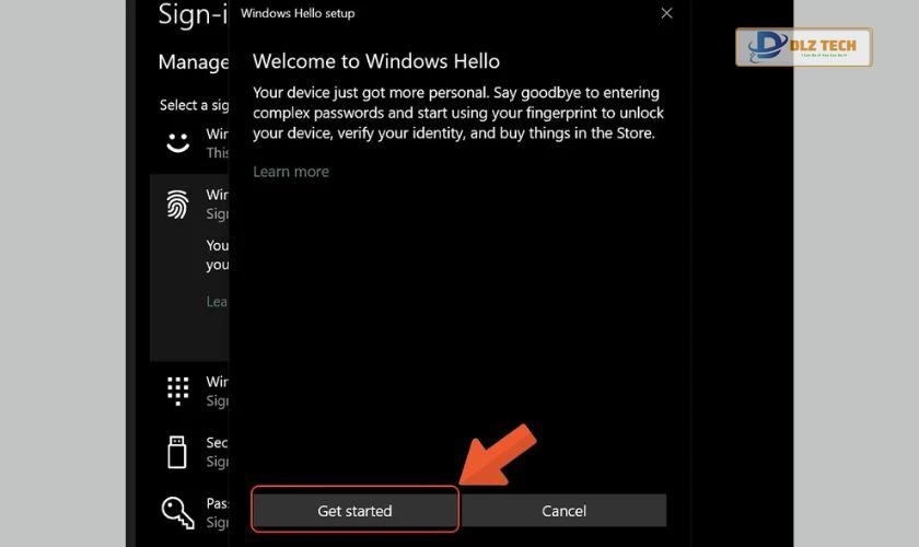 Chọn vào Get Started để bắt đầu tạo touch id 