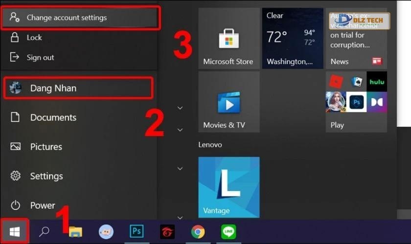 Vào Menu Start chọn Change Account Settings