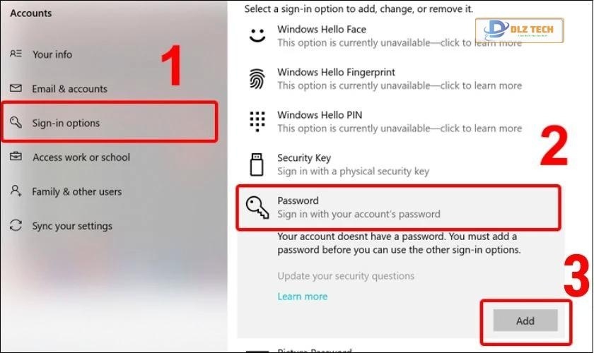Nhấp vào tab Sign-in options và chọn mục Password