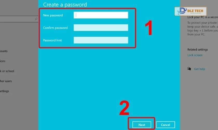 Tiến hành cài mật khẩu cho máy tính và bấm Next