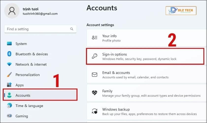 Chọn vào mục Account và chọn Sign -in Options
