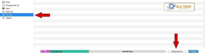 Chọn mục âm báo → Nhạc chuông → Đồng bộ hóa