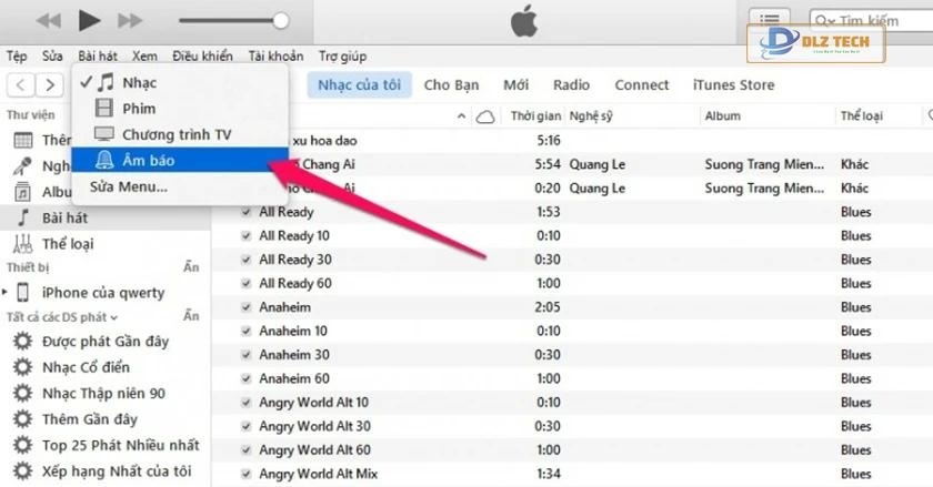 Mở ứng dụng iTunes → Chọn Âm báo → Kéo thả nhạc chuông vừa tải → Nhấn đồng bộ âm báo.