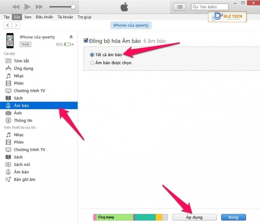 Mở ứng dụng iTunes → Chọn Âm báo → Kéo thả nhạc chuông vừa tải → Nhấn đồng bộ âm báo.