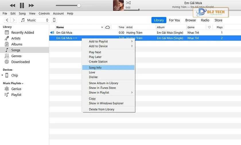 Chọn Lấy thông tin (Song Info)
