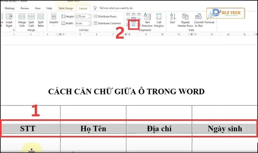Align Bottom Center để căn giữa ở phía dưới ô