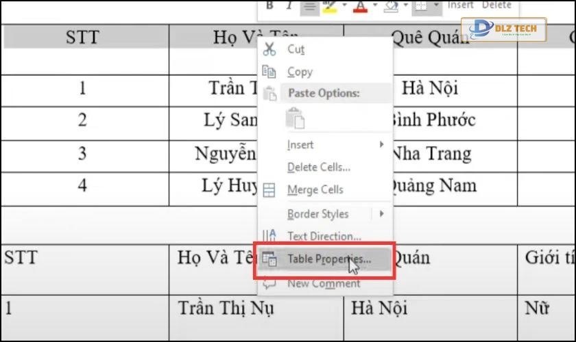 Sử dụng Table Properties trong Word